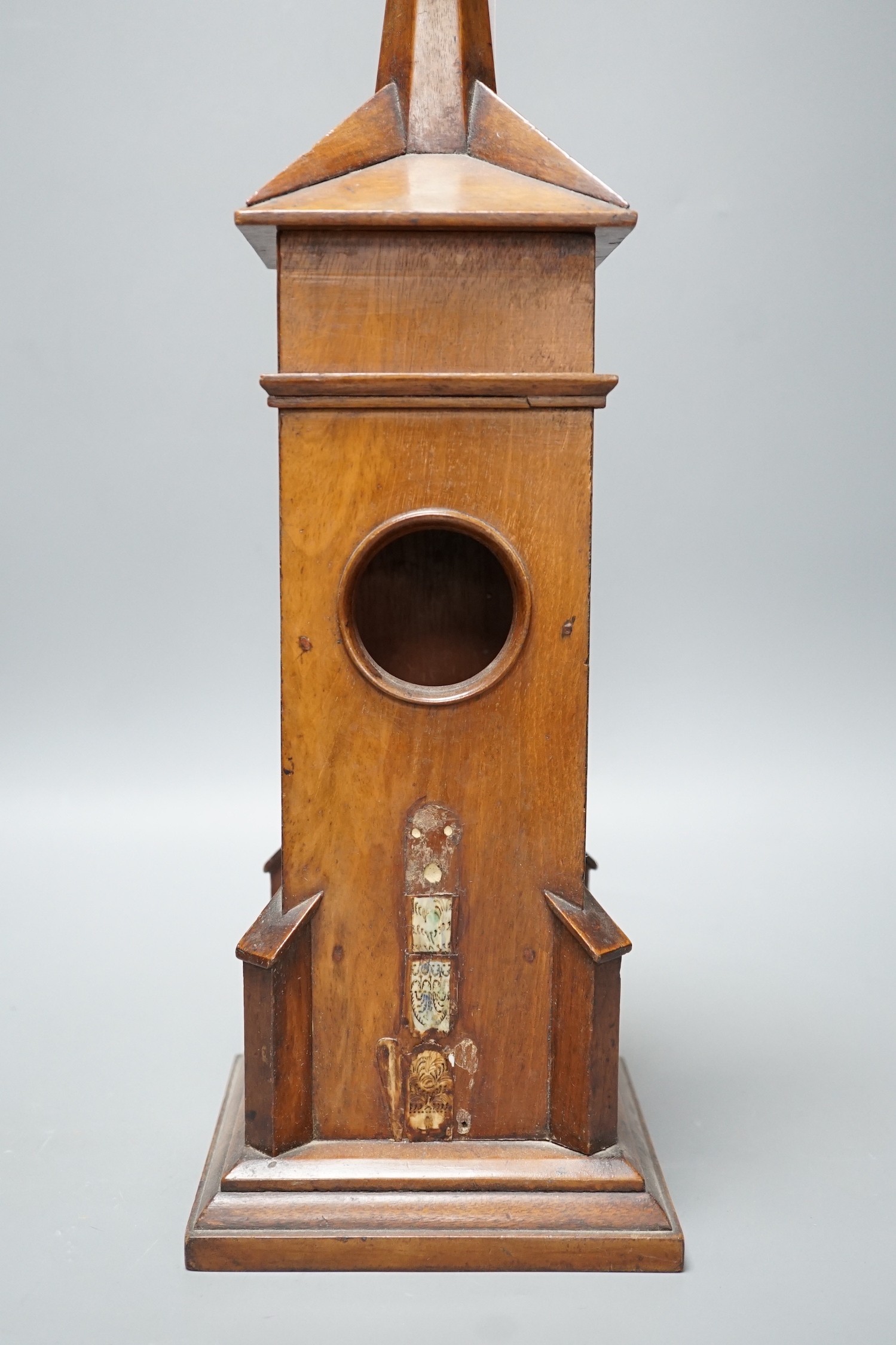 A Victorian mahogany model clock Tower watch holder Height 54 cm